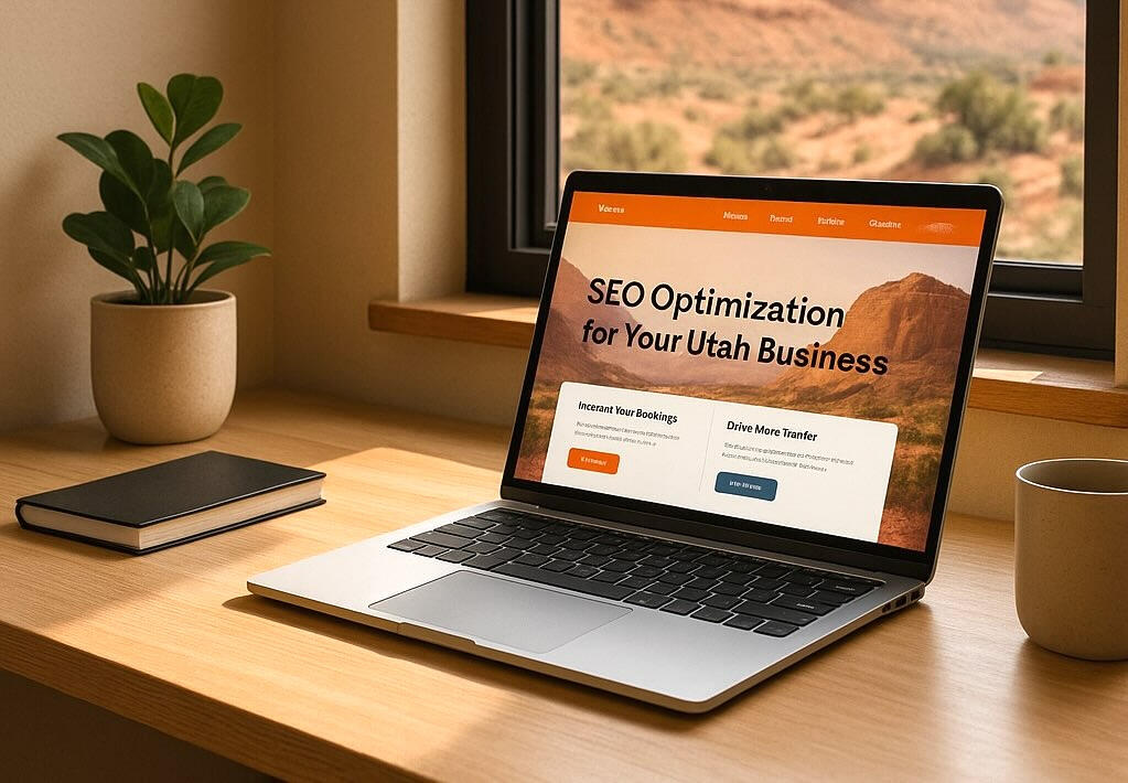 Utah Search Engine Optimization (SEO) services shown on a computer overlooking a landscape in Utah