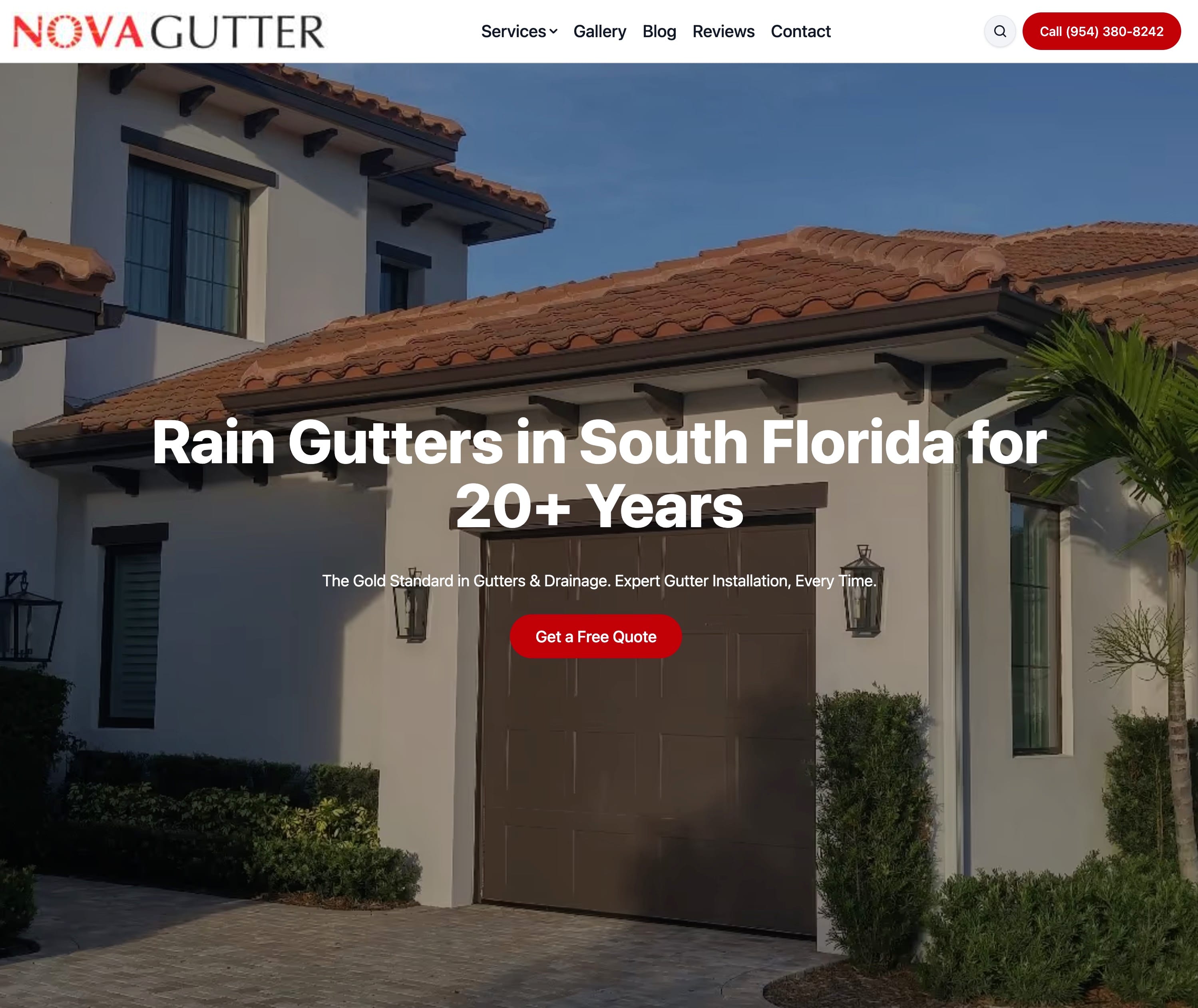 NOVA Gutter website after the redesign on desktop, showing clear branding, a gutter installation hero image, and a free quote button