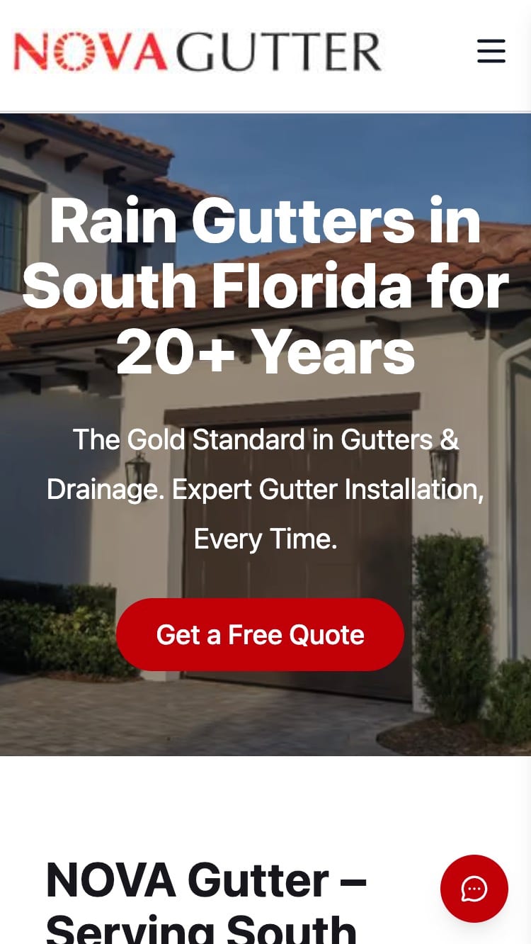 NOVA Gutter website after the redesign on mobile, showing the correct logo, clear headline, and free quote button