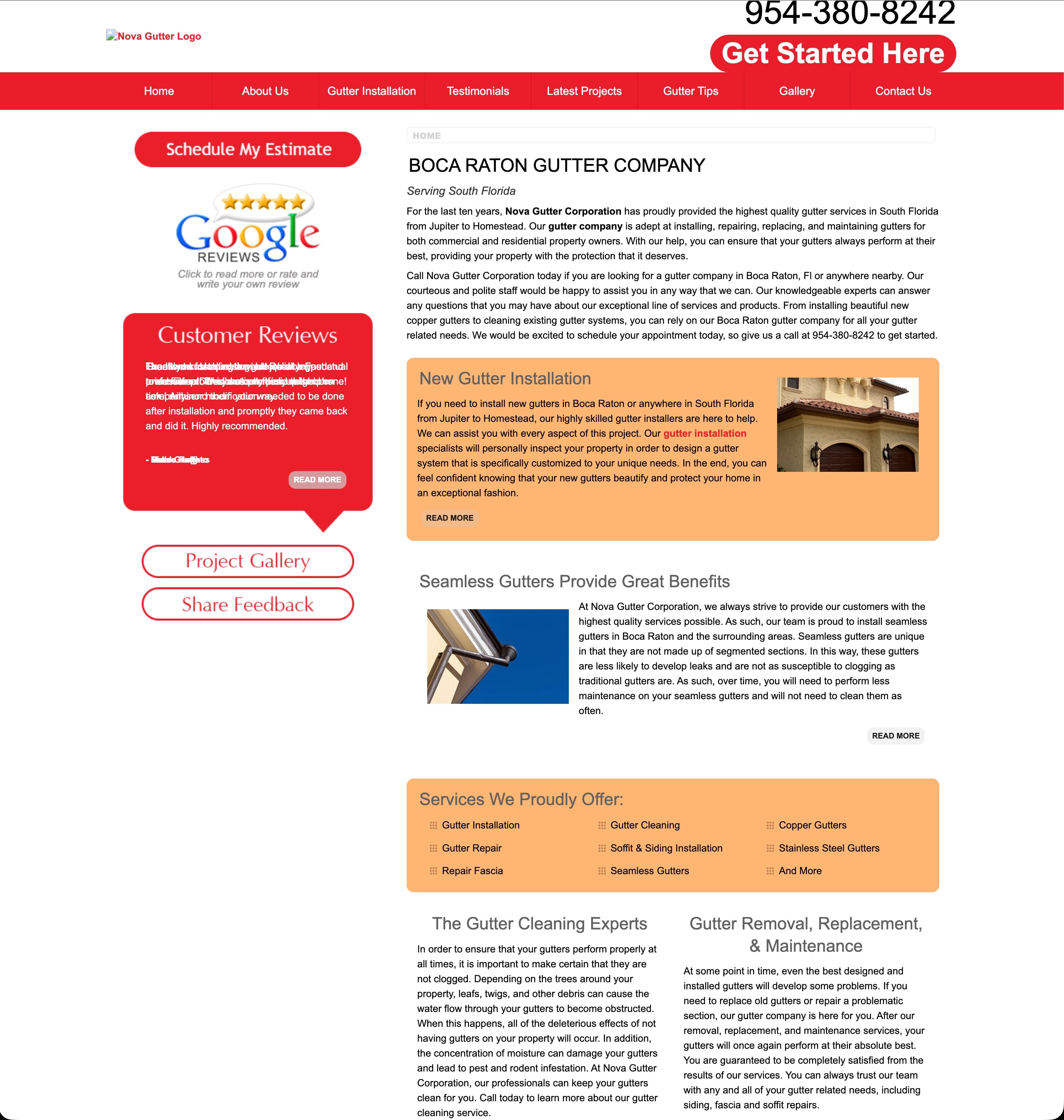 NOVA Gutter website before the redesign on desktop, showing a broken logo and crowded navigation