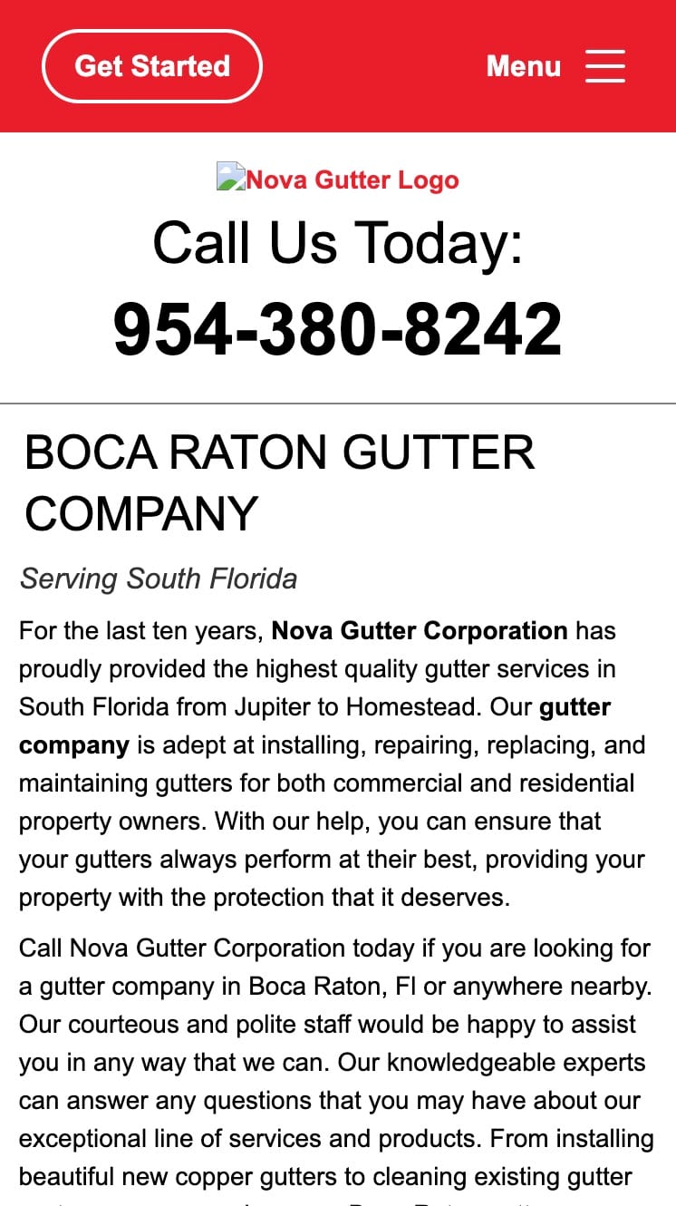 NOVA Gutter website before the redesign on mobile, showing a broken logo, oversized phone number, and dense text