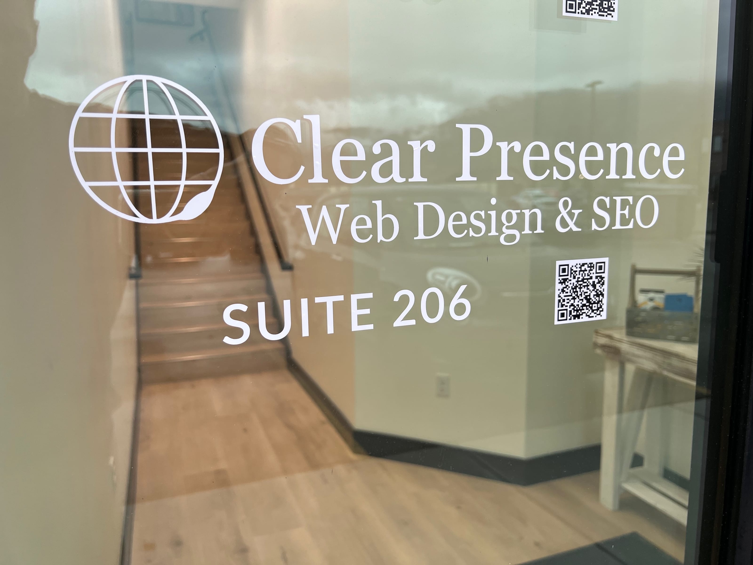 Clear Presence Web Design and SEO office window at Suite 206