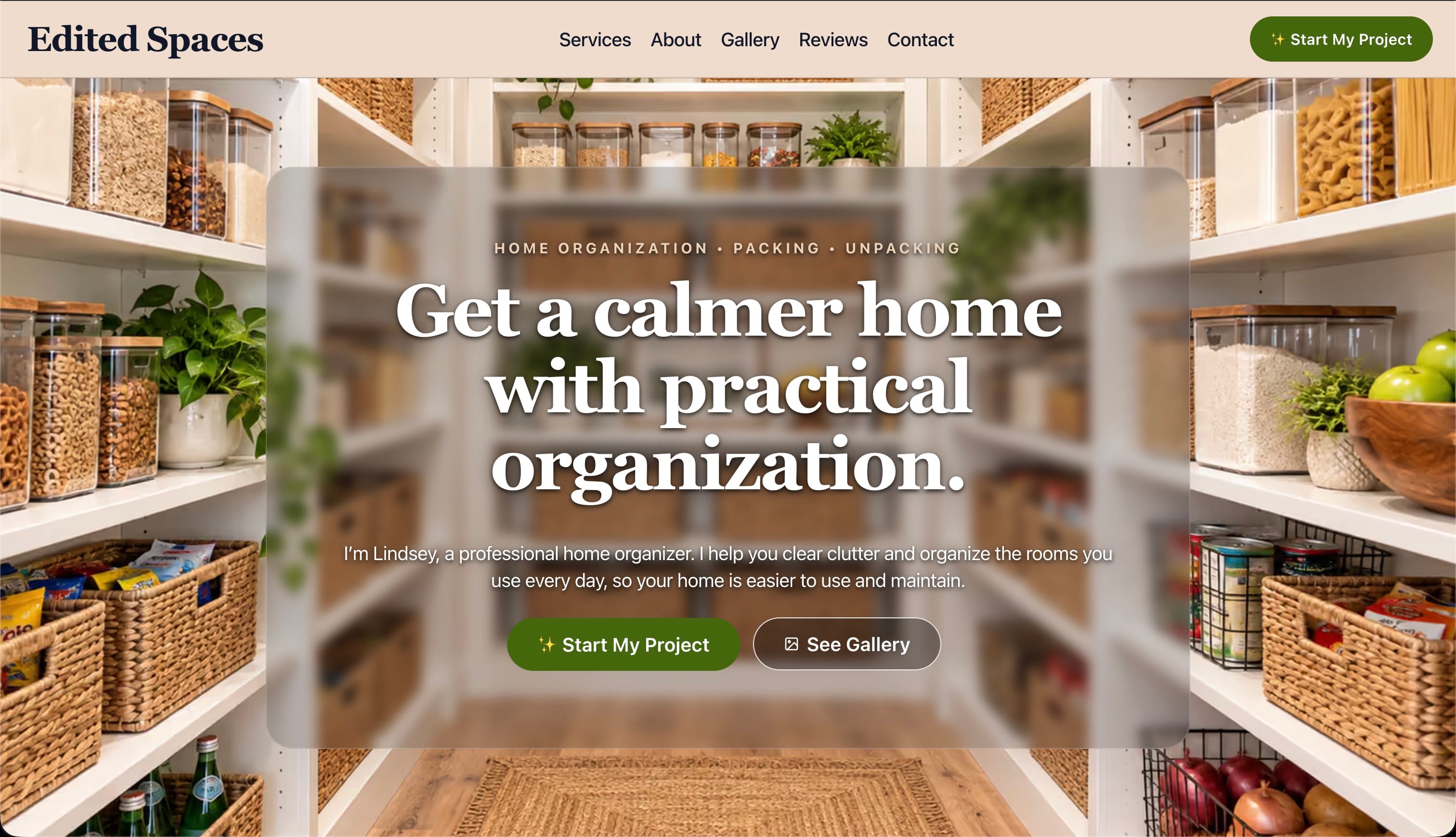 Edited Spaces home organization website featuring an organized pantry