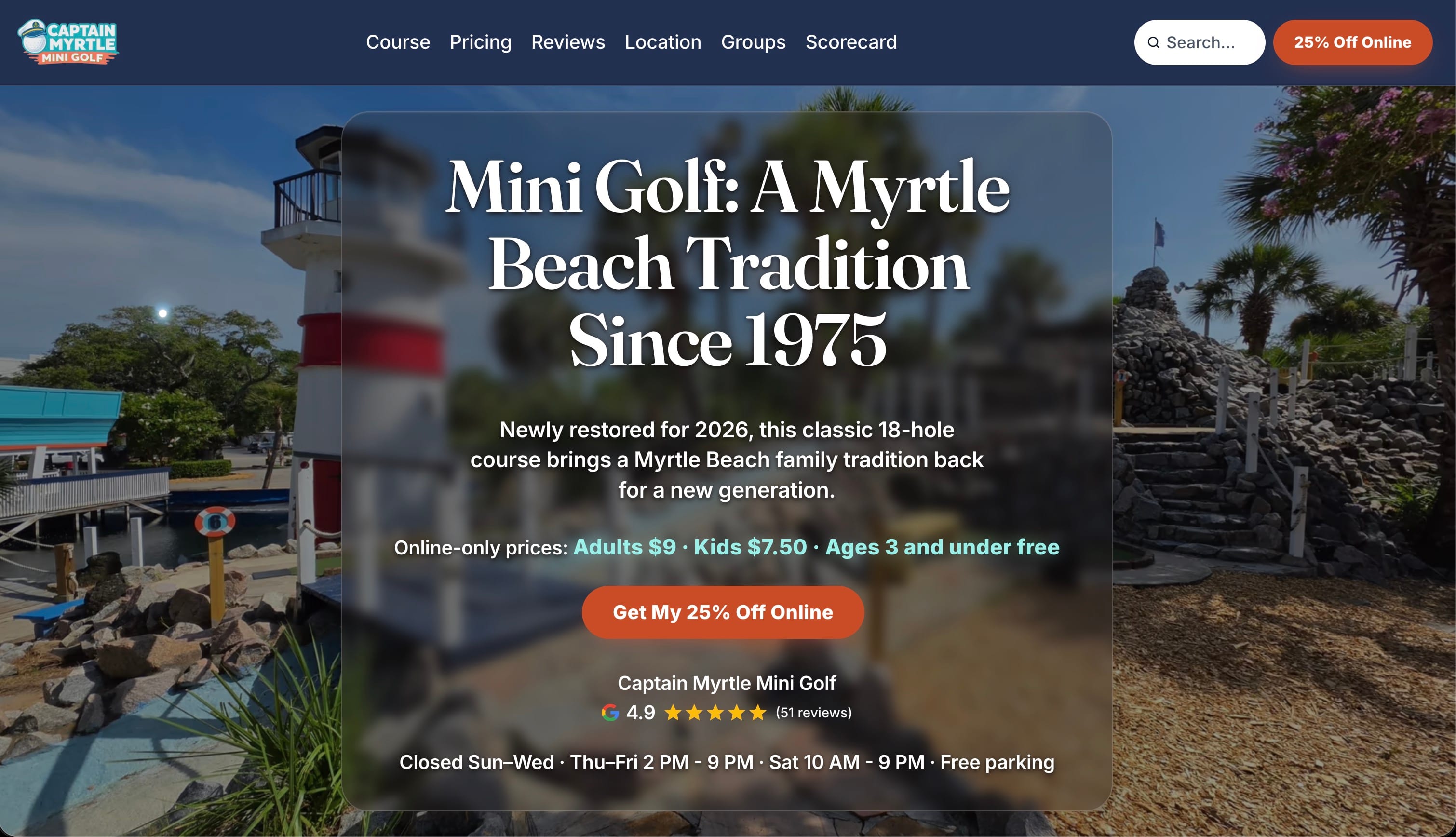 Captain Myrtle Mini Golf’s redesigned homepage with course photos, clear online prices, reviews, and a booking button