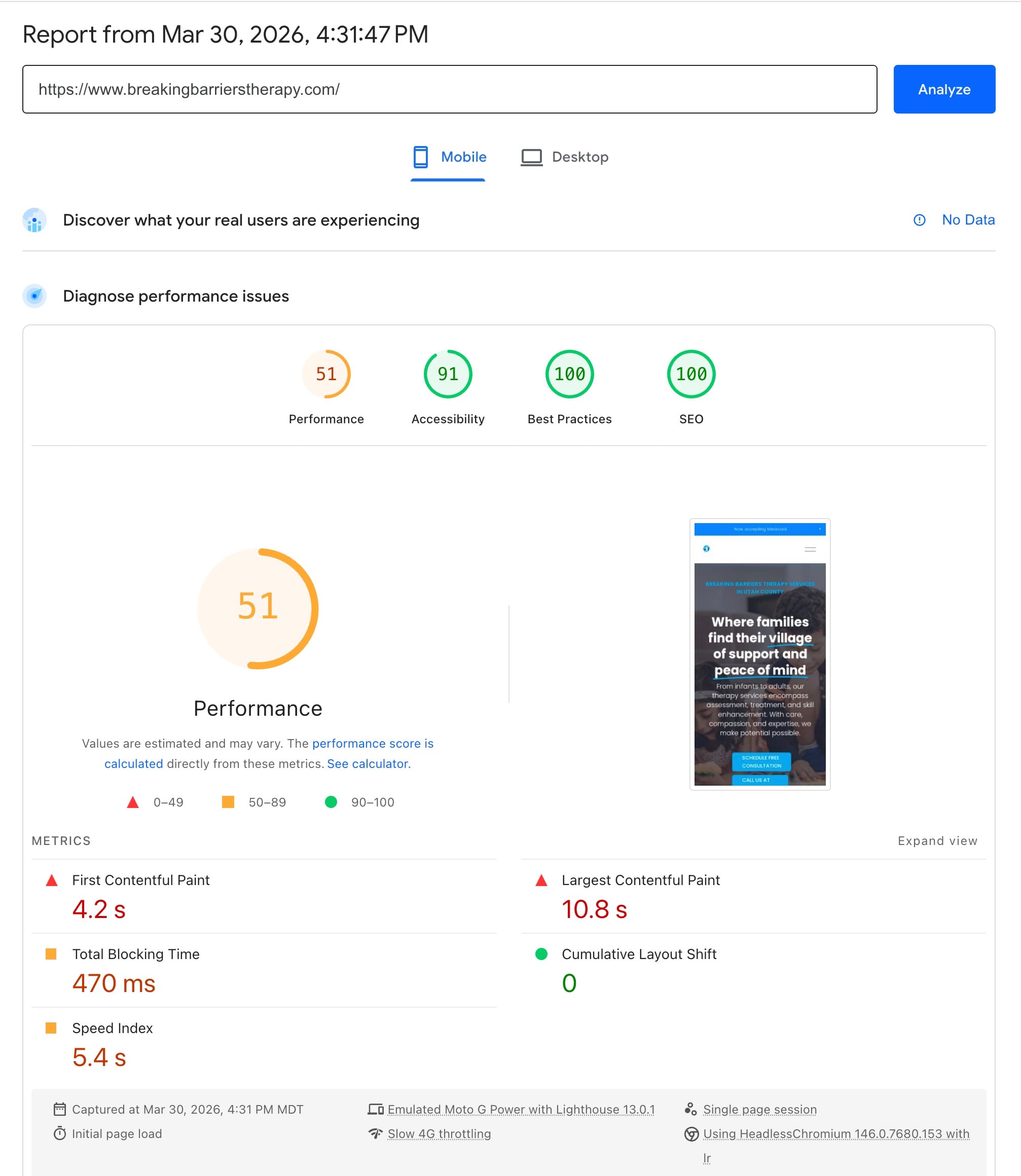 Google PageSpeed Insights test showing a lean Squarespace site still taking 10.8 seconds to load