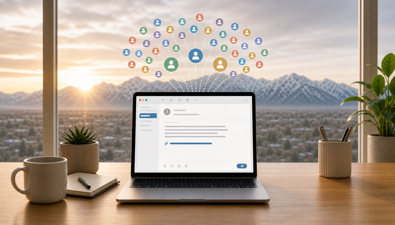 Simple email marketing service showing one text-and-links email sent from a laptop to a large subscriber list